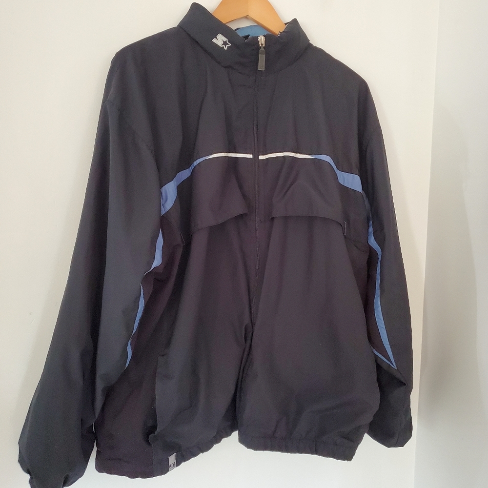 STARTER Black Blue Windbreaker Jacket Full Zip Men Sz L Pockets Hood 90s Y2K